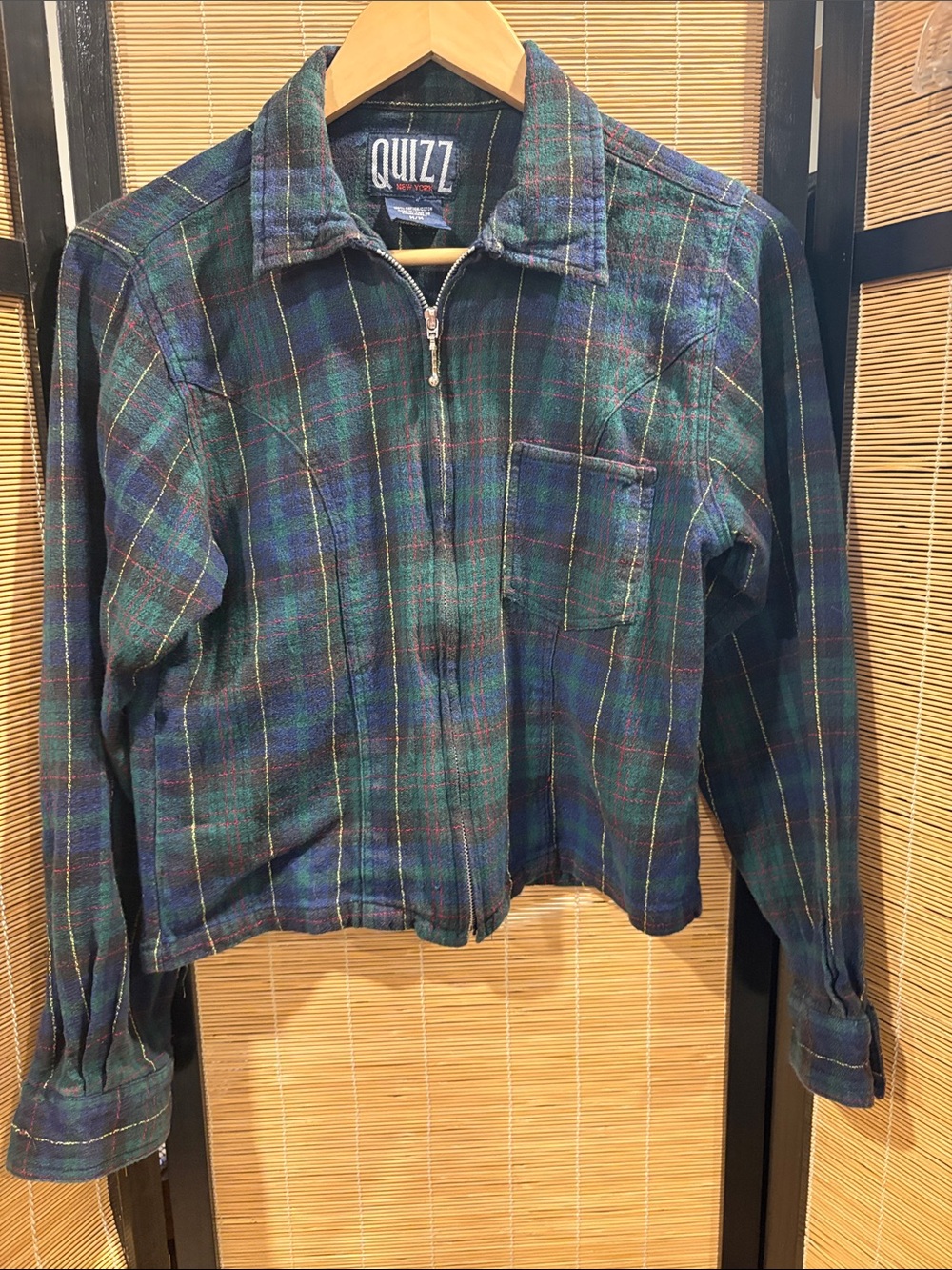 QUIZZ Green Plaid Zip-Front Women's Jean Jacket